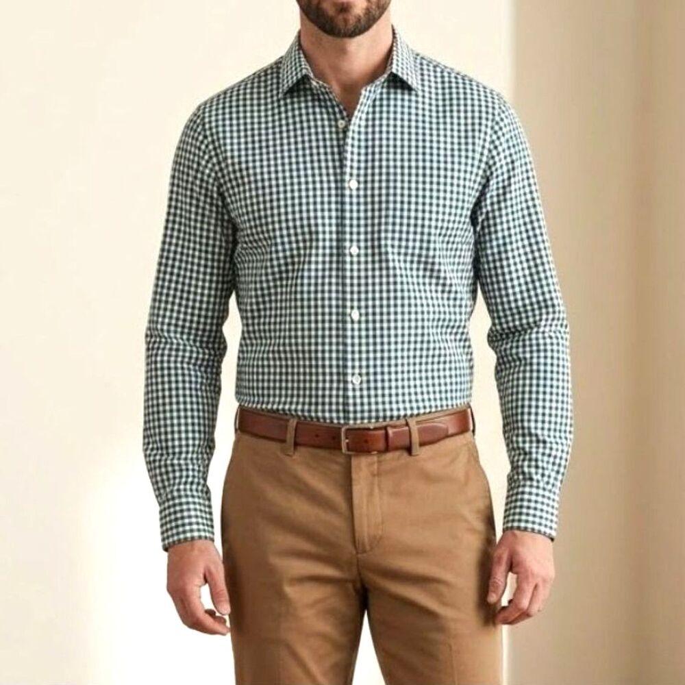 Men J Crew Cotton Stretch Wrinkle Free Green White Long Slv Check Button Shirt L